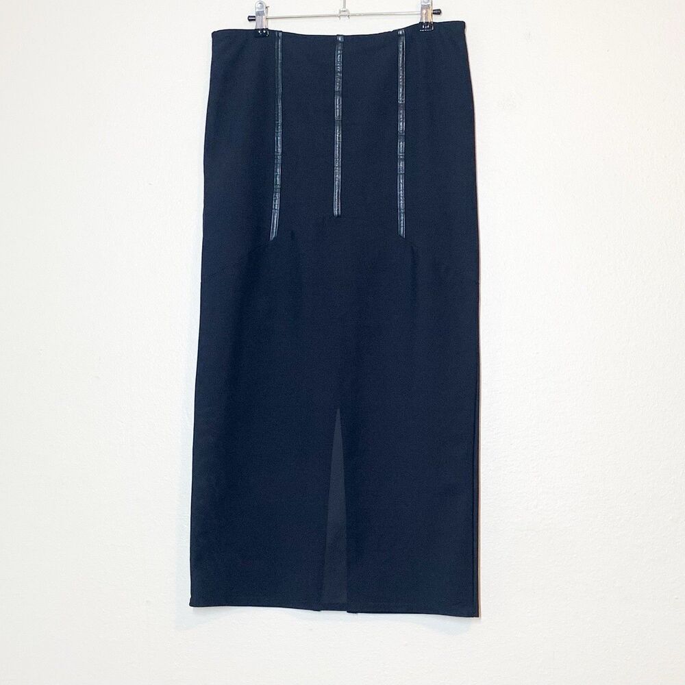 Tripp NYC Stretch Pencil Skirt XL Faux Leather Strips Black Slit Vintage 90s